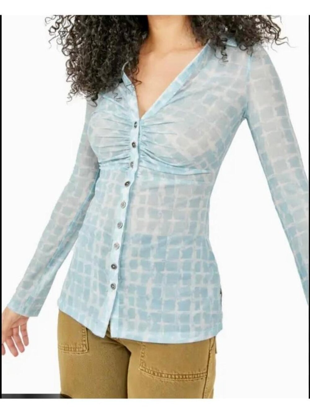Free People Light Blue Grid Button-Down Long Sleeve Top